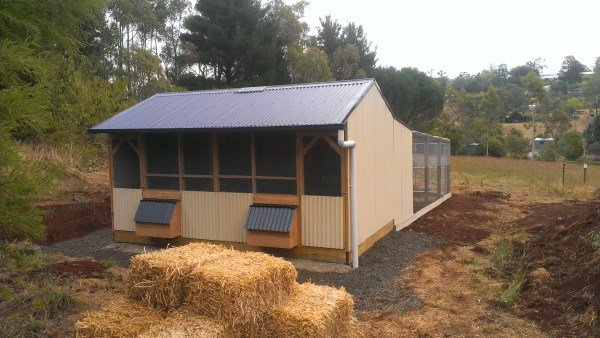 Divided chicken home with solar power door opener & large rear run designed & built by Yummy Gardens Melbourne