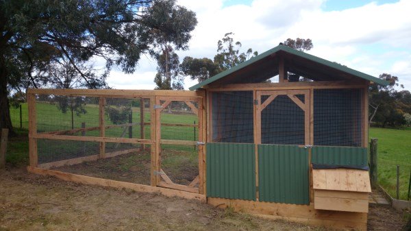 Colourbond pitched roof chicken house with side run by Yummy Gardens Melbourne