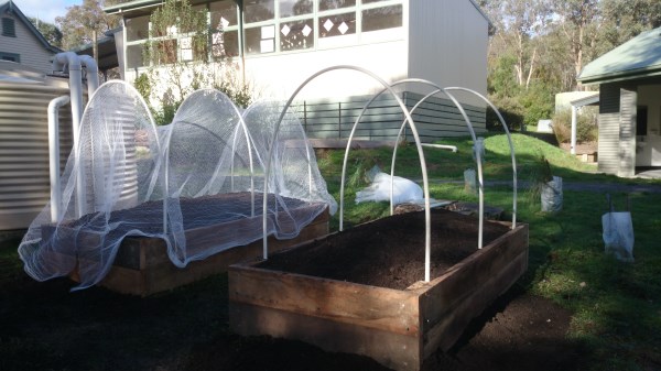 Hooped & covered raised veggie beds in school by Yummy Gardens Melbourne